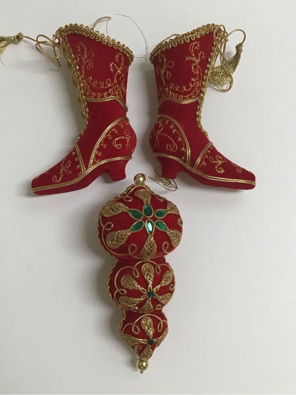 Victorian Look Christmas Tree Ornaments SET OF 3 Red Velvet Gold Trim Boots NEW
